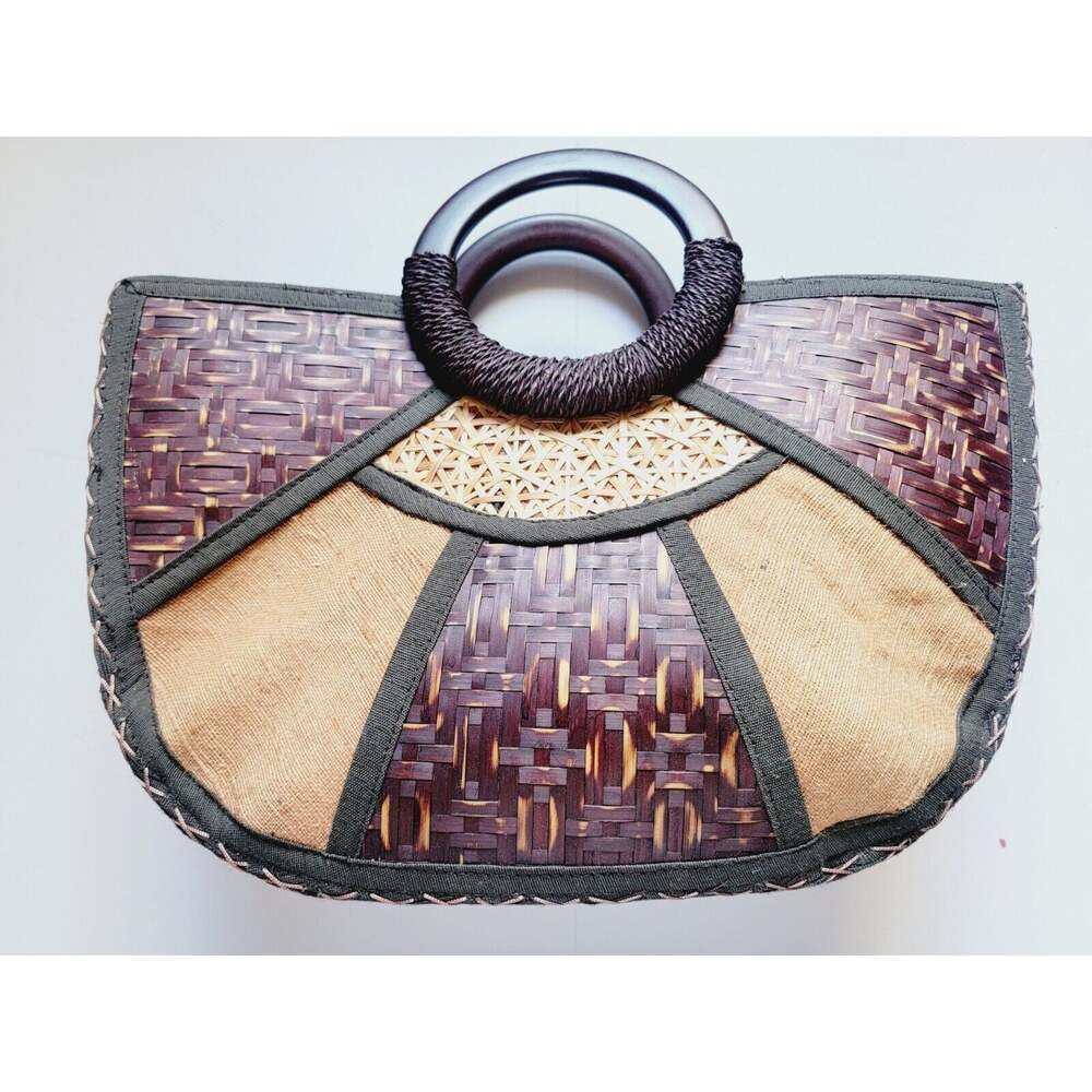 Vintage Wood Woven Boho Top Handle Bag Tribal Resort Purse - Picture 5 of 11